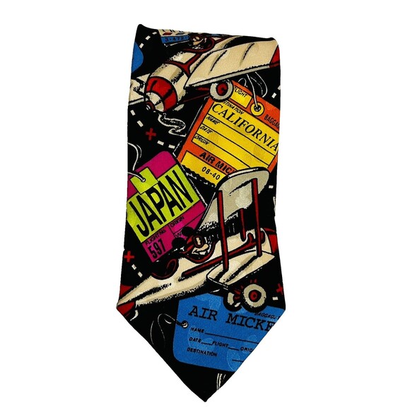 Disney‎ Air Mickey Inc Vintage Tie Necktie Airplane 100% Silk Handmade Black Red - Picture 3 of 7